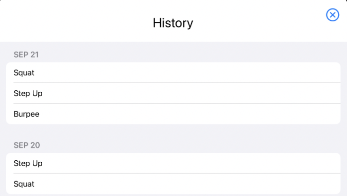History view with dismiss button in top trailing corner